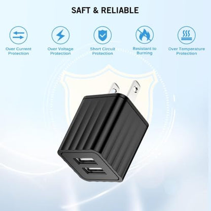 iPhone Charger 10ft,Fast iPhone Block Dual 2Port USB Wall Charge Block Plug - color: Black 2Pack 10FT
