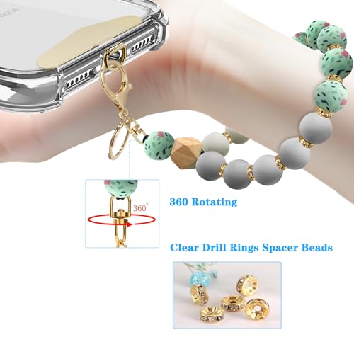 Silicone Beaded Phone Wrist Strap, Phone Bracelet Strap with Tether Tab Elastic Hands Free Wristlet Strap - color: Greenpiece
