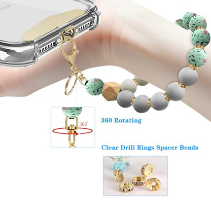 Silicone Beaded Phone Wrist Strap, Phone Bracelet Strap with Tether Tab Elastic Hands Free Wristlet Strap - color: Greenpiece