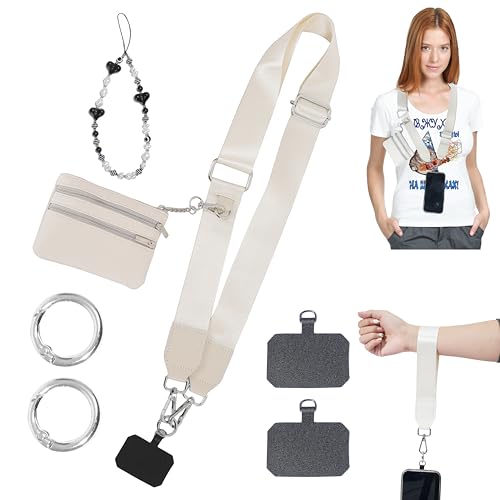 Clip and Go Phone Strap with Zippered Pouch,Phone Strap with Cellphone Chain Accessories - color: Off-white