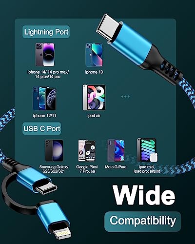 USB C to Lightning&USB C Cable, 2-in-1/6ft USB C Multi Charging Cable Cord - color: Blue