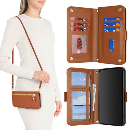 for iPhone 15 Pro Wallet Case for Women,for iPhone 15 Pro Case with Strap Crossbody Lanyard,PU Leather Shockproof Card Holder Stand Zipper Pocket Flip Phone Case-Brown - color: Brown