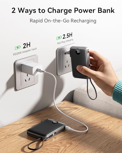 Portable Charger Power Bank 10000mAh, 45% Smaller Built-in Cables & AC Plug - color: Black