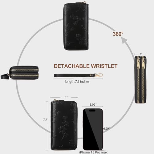 yiijay Womens Wallet RFID Blocking Large Capacity Vegan Leather Double Zip Wristlet Wallet Card Holder Travel Ladies Clutch - color: Black