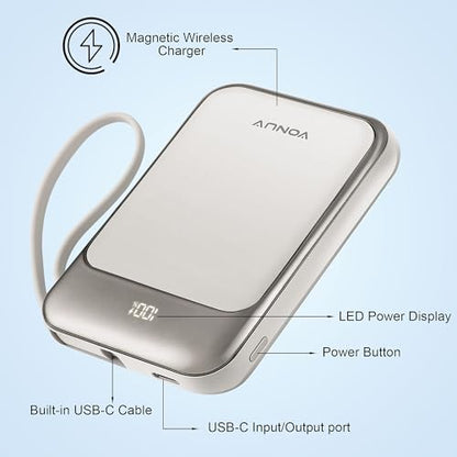 Magnetic Power Bank 10000mAh, Wireless Portable Charger with 15W Max Fast Charging & Built-in USB-C Cable, 22.5W PD LED Display Battery Pack Compatible with iPhone 17/16/15, Samsung Galaxy(white) - color: White