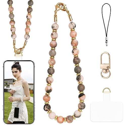 cioatu Beaded Phone Charm Strap Phone Wrist Strap Handmade Cellphone Lanyard with Tether Tab Wristlet Bracelet PhoneChainStrap - color: Pink Zebra Stone