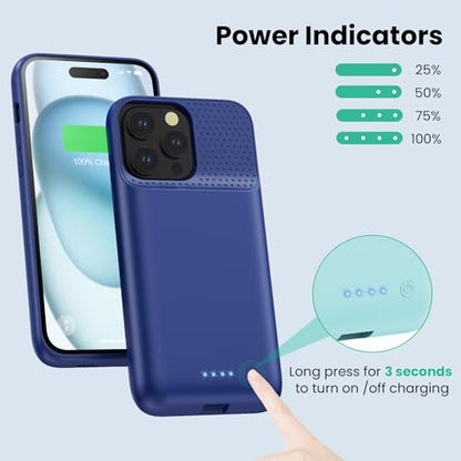 Battery Case for iPhone 15 Pro Max,Powerful 8600mah Ultra-Slim Protective Charging Case,15W Fast Charging Portable Rechargeable Expandable Battery Charger Cover for iPhone 15 Pro Max(6.7inch)-Blue - color: Blue
