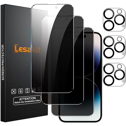 Lesakit 3+3 Pack Privacy Screen Protector for iPhone 14 Pro 6.1-Inch with 3 Pack Camera Lens Protector, Anti Spy Tempered Glass Film 9H Hardness Bubble Free Case Friendly - size: IPhone 14 Pro