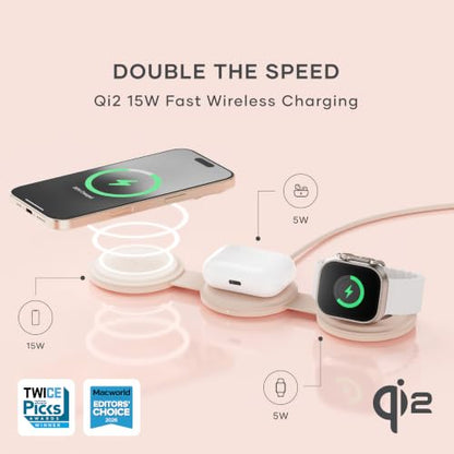 Satechi OntheGo 3-in-1 Wireless Charger, Qi2 15W Fast Charging, Desert Rose - color: Desert Rose
