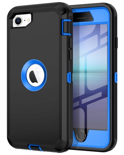 I-HONVA for iPhone SE 2022/2020 Case Built-in Screen Protector Shockproof Dust/Drop Proof 3 in 1 Full Body Rugged Heavy Duty Cover for Apple iPhone SE 3rd/2nd Gen 4.7,Black/Blue - color: Black/Blue