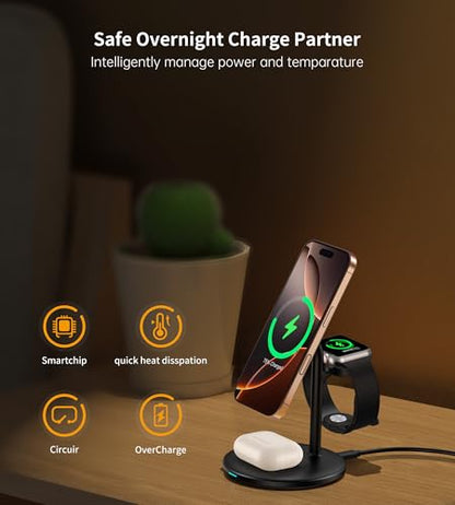 3 in 1 Wireless Charging Station for Apple Devices, Standard 15W Fast Wireless Mag-Safe Charger Stand with 20W Adapter for iPhone 15 14 13 12 Pro Max/Plus/Pro/Mini,iWatch Ultra 1,2 Series 9, AirPods - color: Black