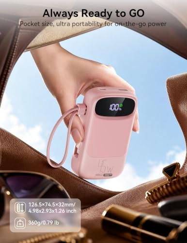 RETMSR Portable Charger 20000mAh 45W USB C Fast Charging, Built-in Cable - color: Misty Pink
