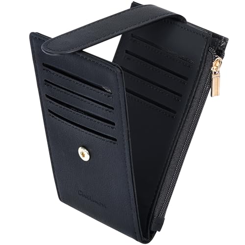 Chelmon Women's RFID Slim Card Holder Wallet | Thin Bifold Multi Card Case with Zipper Coin Pocket Purse for Women(Black Smooth) - color: Black Smooth