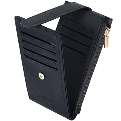 Chelmon Women's RFID Slim Card Holder Wallet | Thin Bifold Multi Card Case with Zipper Coin Pocket Purse for Women(Black Smooth) - color: Black Smooth