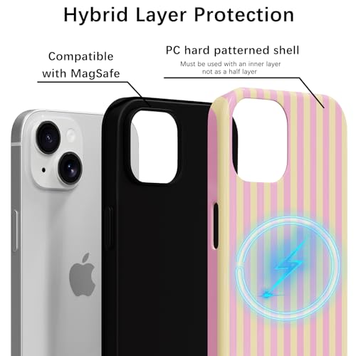 Skyseaco Compatible with iPhone 15 Case with MagSafe, Cute Striped Phone Case for Women Girls, Soft TPU + Hard PC Dual Layer Shockproof Glossy Protective Cover, Pink and Yellow - color: Pink and Yellow, size: iPhone 15