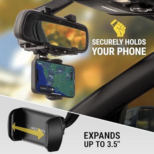 Scosche SUHRM Rear View Mirror Phone Holder, 360° Rotatable Rearview Mirror Cell Phone Car Mount, Cellphone Stand Compatible with iPhone 16/15/14/13/12 Series, Android & Mobile Phones up to 3.5 inches - size: 1 Pack, style: Rearview Mirror