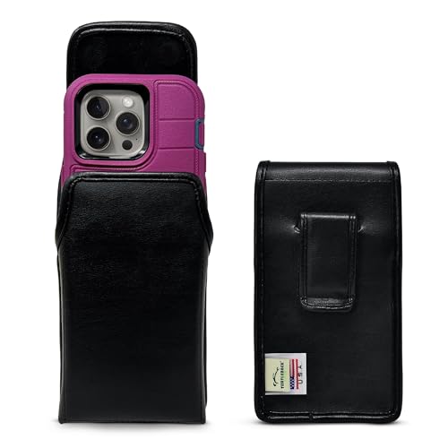 Turtleback Belt Holder for iPhone 16 Pro, 16e, 15 pro 14 Pro 13 Pro -Large- Fits w/Defender Bulky Style Cases, Premium Black Leather Vertical Holster, Magnetic Closure Leather Wrapped Belt Clip - color: Vertical - Leather w/ Leather Clip, size: Large