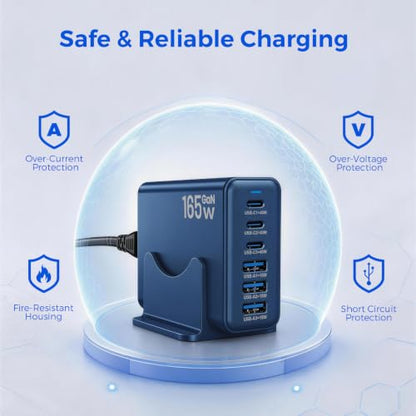 165W GaN Charging Station, 6-Port Desk Charging Station, Navy Blue - color: Navy Blue