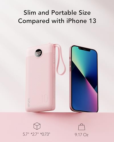 VRURC Portable Charger, Slim Power Bank Built-in 4 Cables, Travel Essential - color: Pink