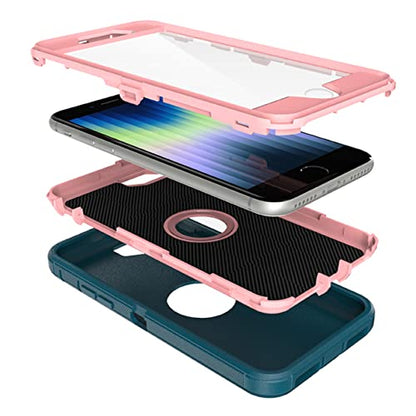MXX Case for iPhone SE 2020 / SE 2022 Heavy Duty Protective Case with Screen Protector, Rugged Rubber Shockproof Protection Cover & Rotating 360 Degree Belt Clip SE 3rd/2nd Gen(Tuscan Teal/Light Pink) - color: Tuscan Teal/ Light Pink