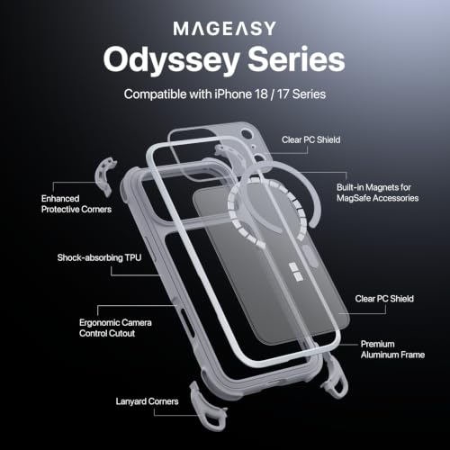 MAGEASY Odyssey MagSafe Crossbody Phone Case with Strap for iPhone 18 Pro & 17 Pro, 20ft Drop Protection, TPU Leather Shoulder Phone Carrying Case with Adjustable Lanyard (Mist) - color: Mist, size: iPhone 18 Pro