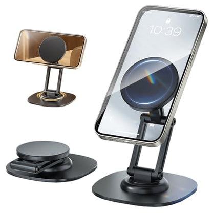 Magnetic Phone Stand for Desk 360 Rotating Adjustable Foldable Aluminum for MagSafe Cell Phone Stand Holder with Non-Slip Base Desk Stand for iPhone 17 16 Pro Max/15/14/13/12 Plus Air (Black) - color: Black