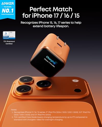 Anker Nano Smart Display Charger, 45W Max USB C Fast Charger for iPhone 17 - color: Orange