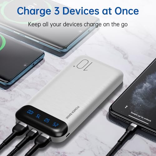 Power Bank 10000mAh Portable Charger Slim External Battery Pack with 2 USB 2.4A Outputs and USB C in/Out Compatible with Huawei iPhone 16 15 14 13 12 iPad Samsung Galaxy S20 Android Tablet (White) - color: White