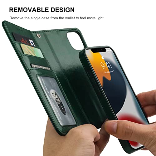 Bocasal Detachable Wallet Case Card Holder for iPhone 13, Green | RFID Blocking Kickstand Card Slots Holder PU Leather Magnetic Shockproof Wrist Strap Removable Flip Protective Cover 6.1 inch - color: Green