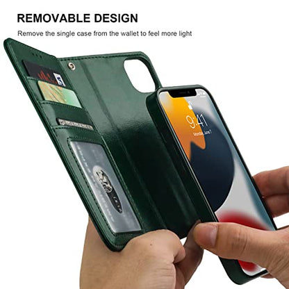 Bocasal Detachable Wallet Case Card Holder for iPhone 13, Green | RFID Blocking Kickstand Card Slots Holder PU Leather Magnetic Shockproof Wrist Strap Removable Flip Protective Cover 6.1 inch - color: Green