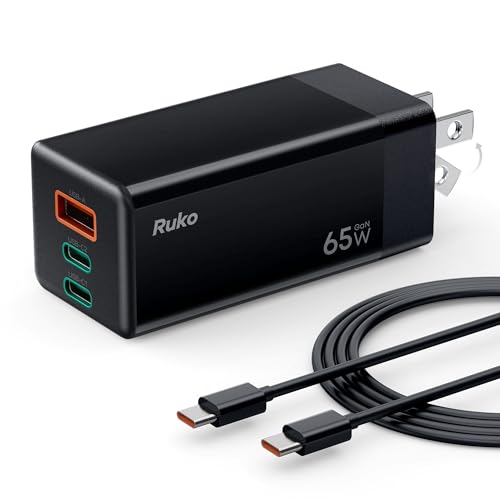 Ruko 65W USB C Charger with Cable, 3-Port GaN Fast Charger - size: Charger with Cable
