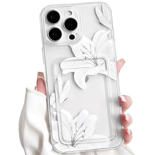 NITITOP Compatible with iPhone 16 Pro Max Case with Card Holder Clear Cute Floral Lily Flowers Butterfly for Women Girls Soft TPU Shockproof Wallet Case Protective Phone Cover - White - color: White, size: iPhone 16 Pro Max