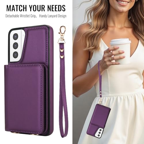 Phone Case for Samsung Galaxy S21 Plus S21+ 5G Wallet Cell Cover with Tempered Glass Screen Protector Wrist Crossbody Strap RFID Blocking Card Holder S21+5G S21plus 21S + S 21 21+ G5 Women Dark Purple - color: Dark Purple