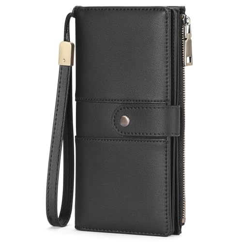 GAEKEAO Wallets for Women Leather RFID Blocking Large Capacity Card Case Ladies Wristlet Clutch Wallets Zipper Pocket with 4 ID Windows 20 Card Slots - color: Black