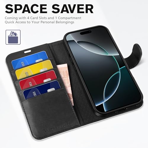 TUCCH Wallet Case for iPhone 16 Pro Max 6.9", 4 Card Holders, Black & White | RFID Blocking, Viewing Stand, Shockproof TPU Shell, PU Leather, Magnetic Closure, Protective Folio Flip Cover - color: Black & White