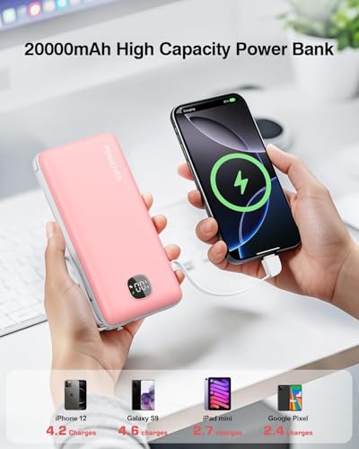penaover Portable Charger with Built-in Cables&AC Wall Plug,5 Output 2 Input 20000mAh Power Bank,22.5W Fast Charging Battery Pack with LED Display,Compatible with iPhones,Android, Samsung etc,Pink - color: Pink