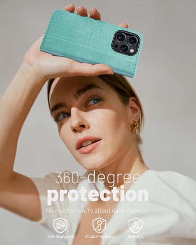 OCASE Compatible with iPhone 16 Pro Wallet Case, PU Leather Flip Folio Case with Card Holders RFID Blocking Kickstand [Shockproof TPU Inner Shell] Phone Cover 6.3 Inch 2024, Denim Green | RFID Blocking, Flip Case, Magnetic Clasp, PU Leather Wallet Case, K