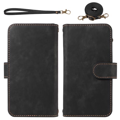 Asuwish Phone Case for Samsung Galaxy S22 5G Zipper Wallet Detachable Magnetic Cover with Tempered Glass Screen Protector Crossbody Lanyard Strap Card Holder S 22 22S 4G G5 6.1 inch Women Girls Black - color: Black