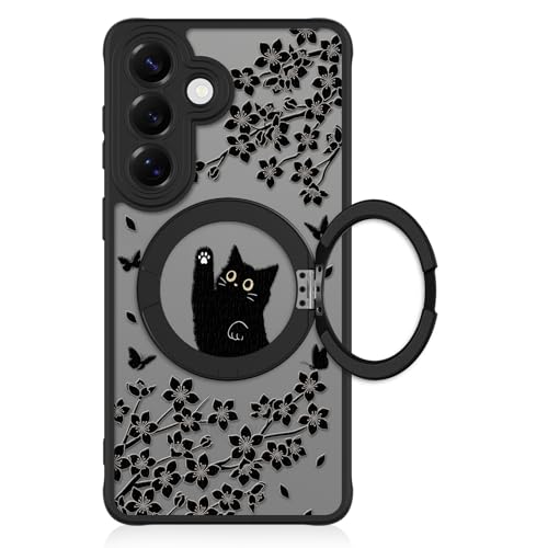 Cute Case for Samsung Galaxy S26 Plus Case with Stand, Black Cat | Compatible with Magsafe, 360 Magnetic Ring Kickstand Phone Cover for Women Girls, Kawaii Floral & Butterflies Pattern - color: Black Cat & Floral, size: Samsung Galaxy S26 Plus