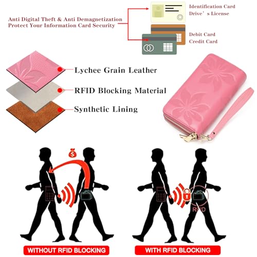 GOIACII Women's Wallet RFID Blocking Leather Wristlet - color: A12 Barbie Pink
