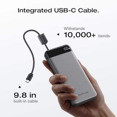 EF ECOFLOW Rapid 20000mAh Power Bank, 45W Max Fast Charging,Portable Phone Charger Built in USB C Cable and USB-C&A Port Digital Display Battery Bank for iPhone 17/16/15 Series, Samsung S23 ipad 11 - color: Black