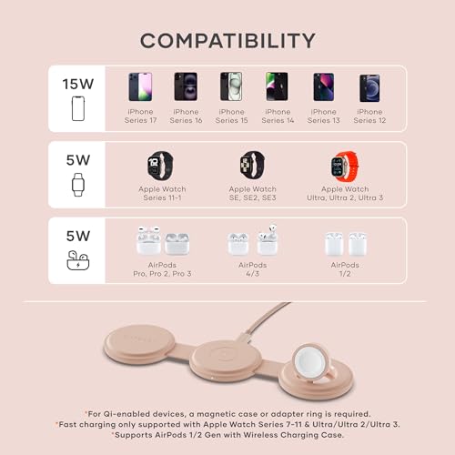 Satechi OntheGo 3-in-1 Wireless Charger, Qi2 15W Fast Charging, Desert Rose - color: Desert Rose
