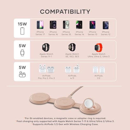 Satechi OntheGo 3-in-1 Wireless Charger, Qi2 15W Fast Charging, Desert Rose - color: Desert Rose