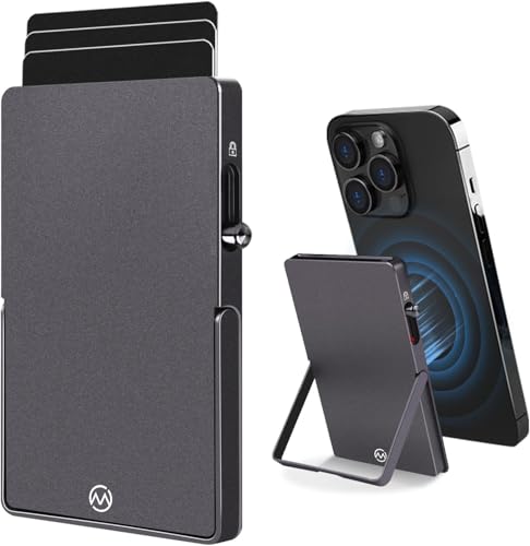Magnetic Phone Wallet with Adjustable Stand,Pop up Phone Card Holder Quick Access to Bank/Credit Cards, 3.93 * 2.96 * 0.31 Inches Compact Metal Case with RFID Blocking Protection (Space Grey) - color: Space Grey