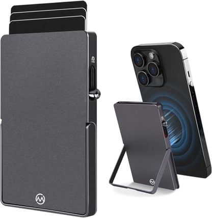 Magnetic Phone Wallet with Adjustable Stand,Pop up Phone Card Holder Quick Access to Bank/Credit Cards, 3.93 * 2.96 * 0.31 Inches Compact Metal Case with RFID Blocking Protection (Space Grey) - color: Space Grey