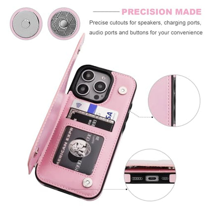 ONETOP for iPhone 16 Pro Wallet Case with Credit Card Holder,Pink | Kickstand,ID/Cash Holder,Case Wallet with Card Slots,Double Magnetic Clasp,Durable PU Leather Shockproof Cover for Women Men - color: Pink