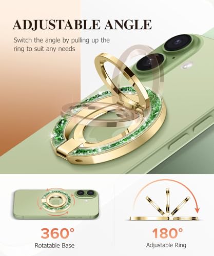 GVIEWIN Magnetic Phone Ring Holder, Compatible with MagSafe Phone Grip | Adjustable Stand, Magnet Phone Ring Kickstand, for iPhone 17/16/15/14/13/12 Pro Max Plus Air/Other Phones (Glitter/Green) - color: Glitter/Green