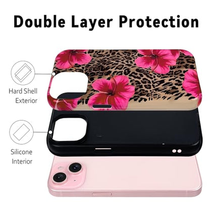 Lovmooful for iPhone 15 Case Cute Flower Leopard-Hibiscus | Compatible for iPhone 15 Case,Aesthetic,Hibiscus,Floral,2 in 1,for Women Girls,Soft TPU+PC,Shockproof,Protective - size: iPhone 15