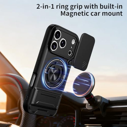 Dssairo for iPhone 17 Pro Max case with 360°Rotation Magnetic Ring Compatible with MagSafe Slide Camera Cover Foldable Stand Military-Grade Shockproof Protective case (Black, iPhone 17 Pro Max) - color: Black, size: iPhone 17 Pro Max