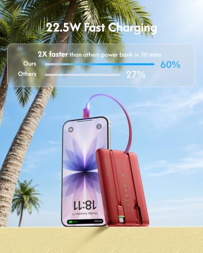 VEGER 10000mAh 22.5W Fast Charging Portable Charger with Built-in Cables - color: Red